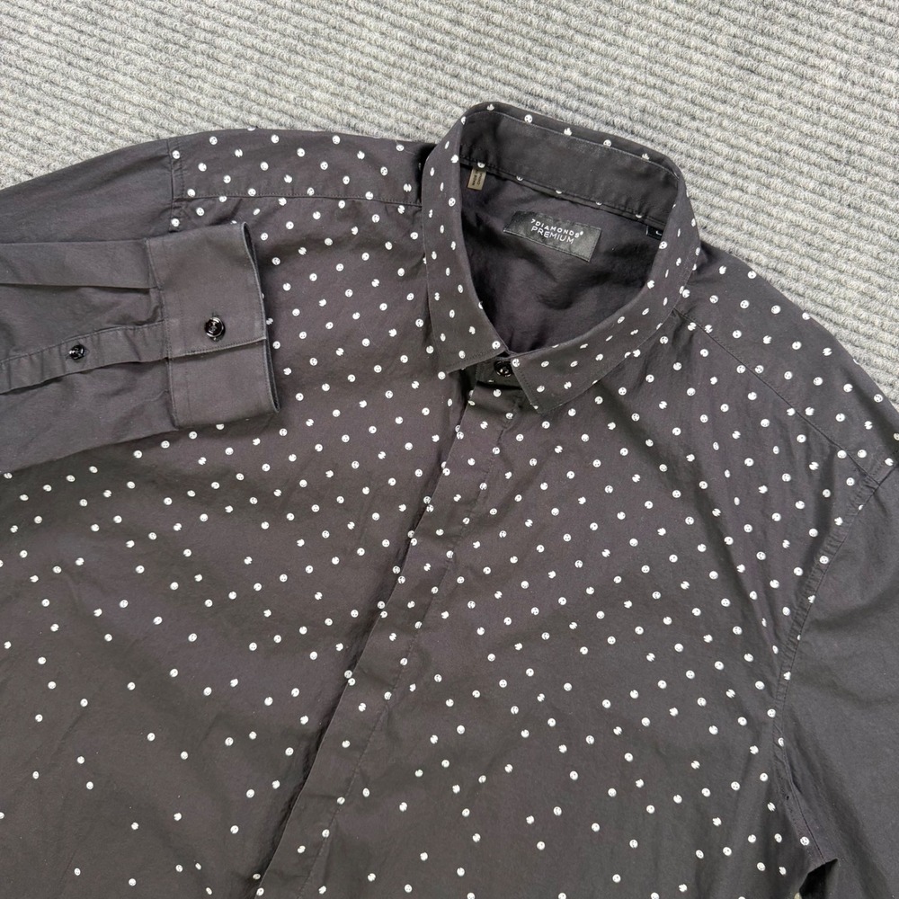 7 Diamonds Premium Black Skull Polka Dot Long Sleeve Button Down Shirt Men Large